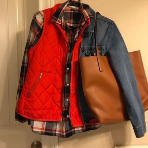 Plaid button down shirt with navy and red